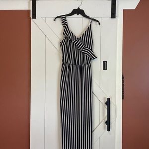 Black and white striped ruffled silky jumpsuit